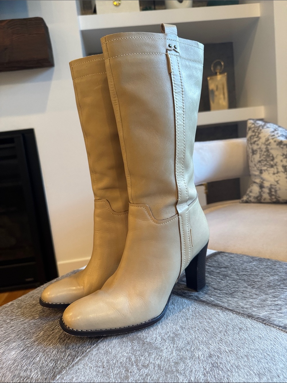 Anne Klein New York Women's Tall Leather Heeled Boots in a soft leather beige